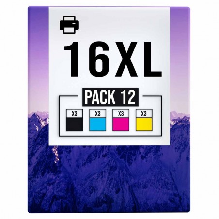 Pack de 12 cartouches compatibles 16XL Epson 3 noirs, 3 cyan, 3 magenta, 3 jaune