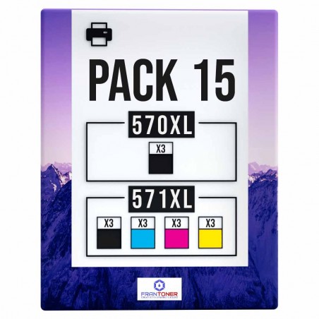 Pack de 15 cartouches compatibles PGI-570XL CLI-571XL Canon 3 X 570xl, 3 X 571xl noir, 3 X 571xl cyan, 3 X 571xl magenta, 3 X 57